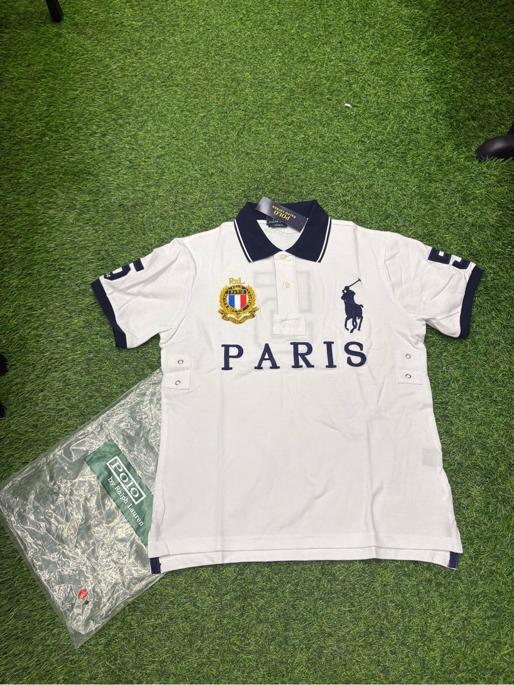 Polo by Ralph Lauren White Polo Shirt with Navy Trim and Paris Crest
